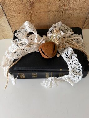 Black Leather Holy Bible Bookstack with Lace Trim, Jute & a Rustic Bell Accent